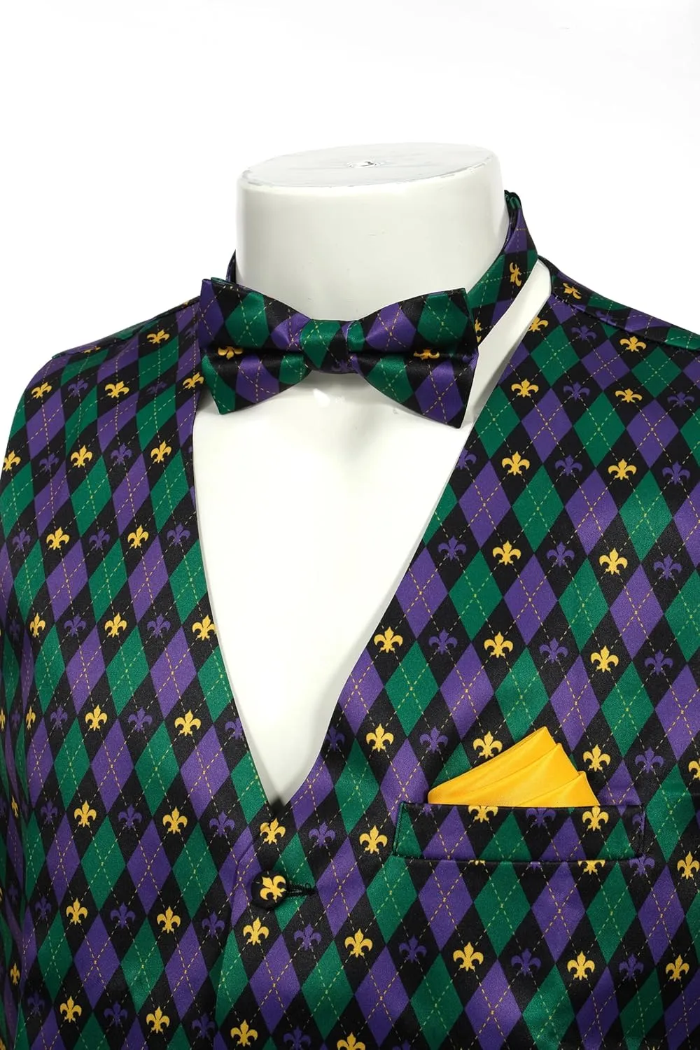 Mardi Gras Vest Kit for Men,Adult Mardi Gras Outfit with Bow Tie and Pocket Square,Mardi Gras Costume Set