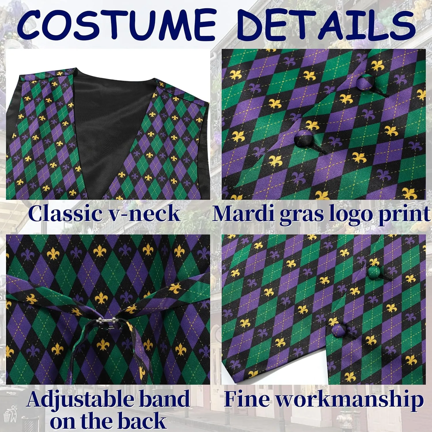 Mardi Gras Vest Kit for Men,Adult Mardi Gras Outfit with Bow Tie and Pocket Square,Mardi Gras Costume Set