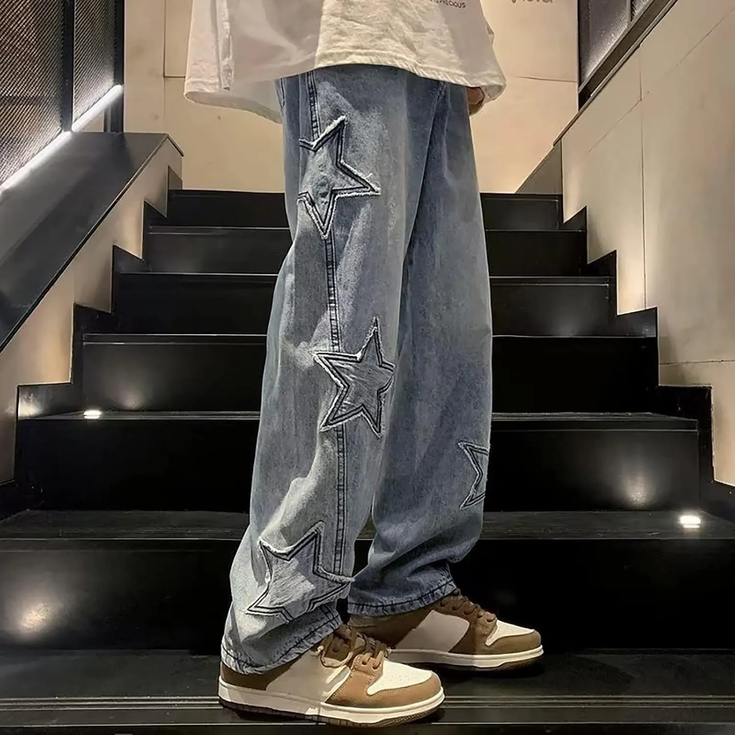 Men Y2k Jeans Hip Hop Baggy Star Embroidery Denim Pant Straight Wide Leg Denim Pants Harajuku Streetwear Graphic Jean Trouser