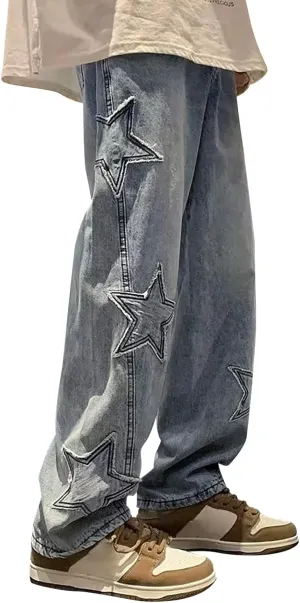 Men Y2k Jeans Hip Hop Baggy Star Embroidery Denim Pant Straight Wide Leg Denim Pants Harajuku Streetwear Graphic Jean Trouser
