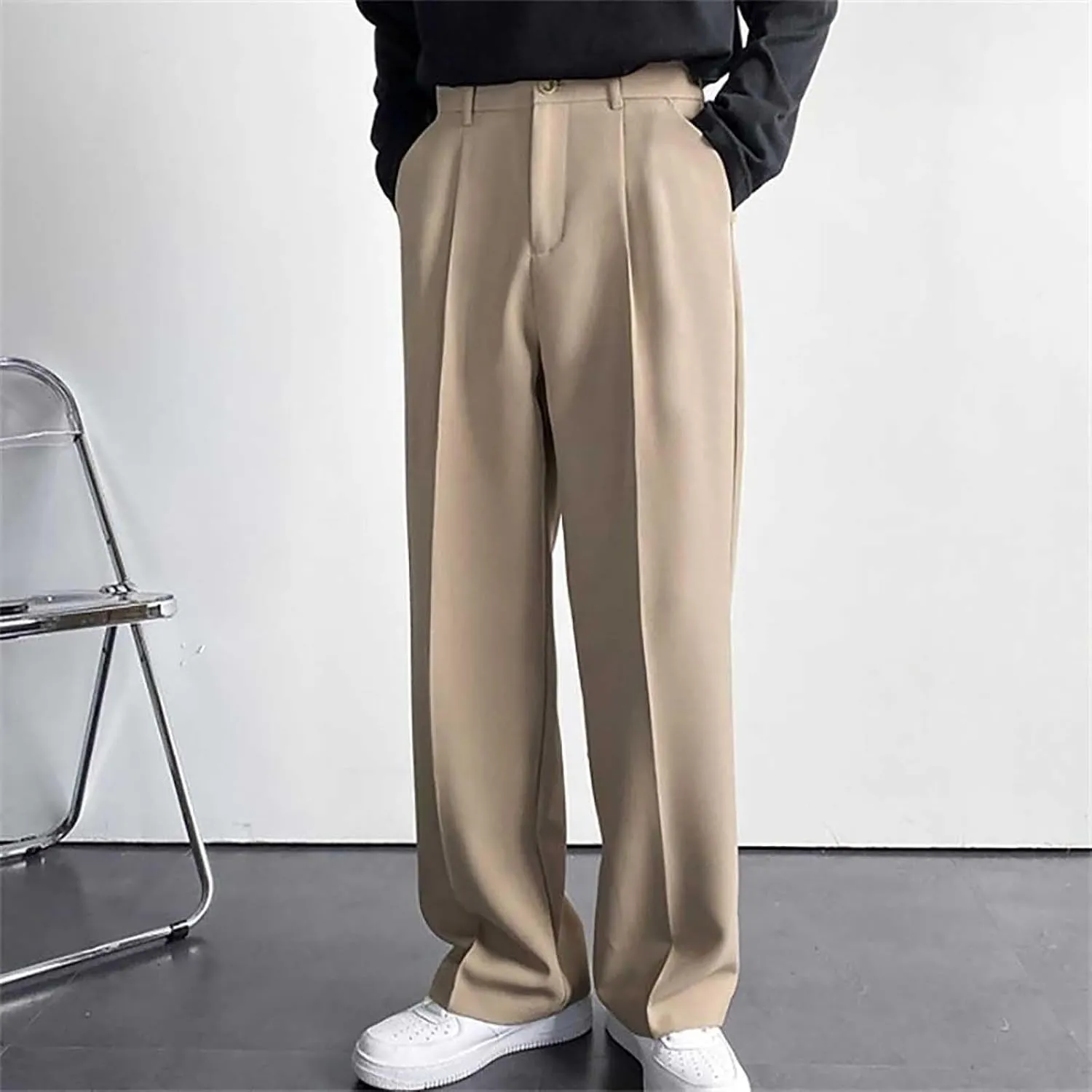 Men's Business Dress Suit Pants Baggy Pleated Front Trousers Plain Fashion Outdoor Straight Wide Leg Slacks