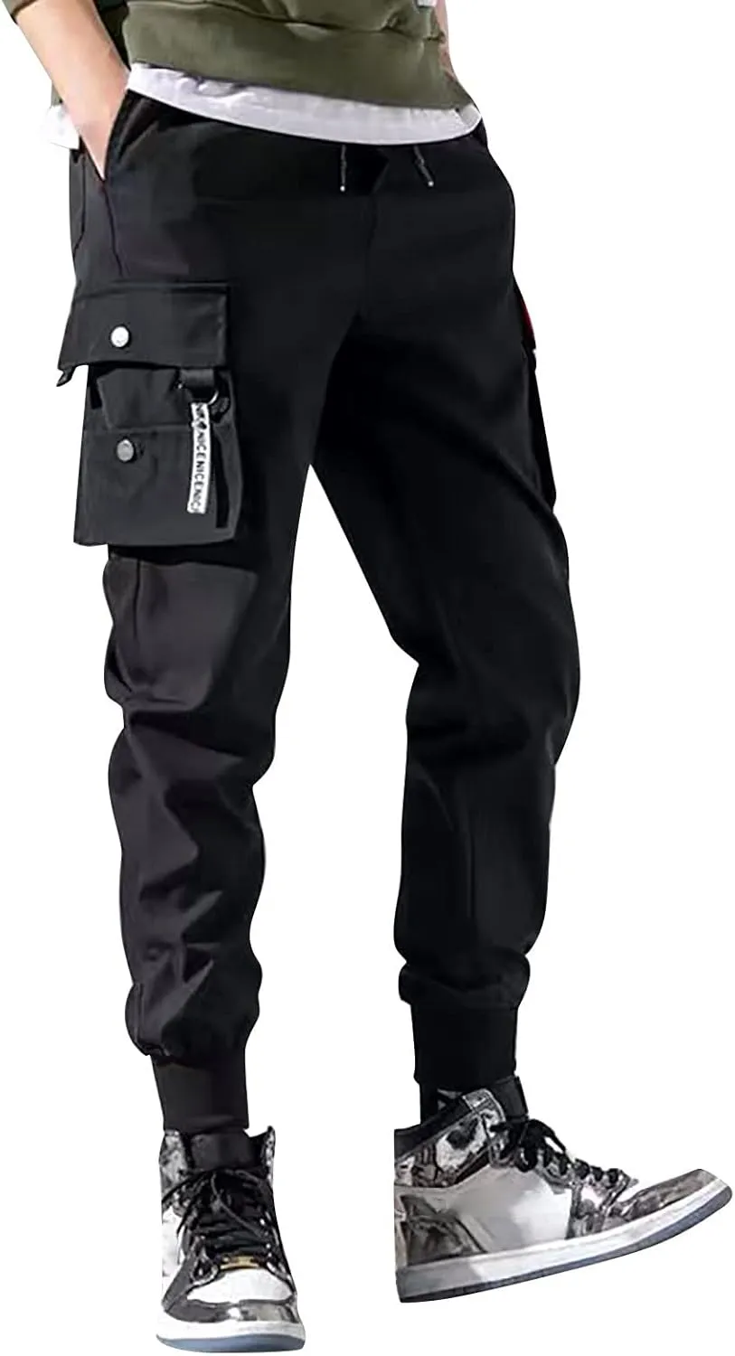 Men's Casual Cargo Pants, Elastic Waist Drawstring Athletic Techwear Joggers Tapered Pants with Flap Pockets