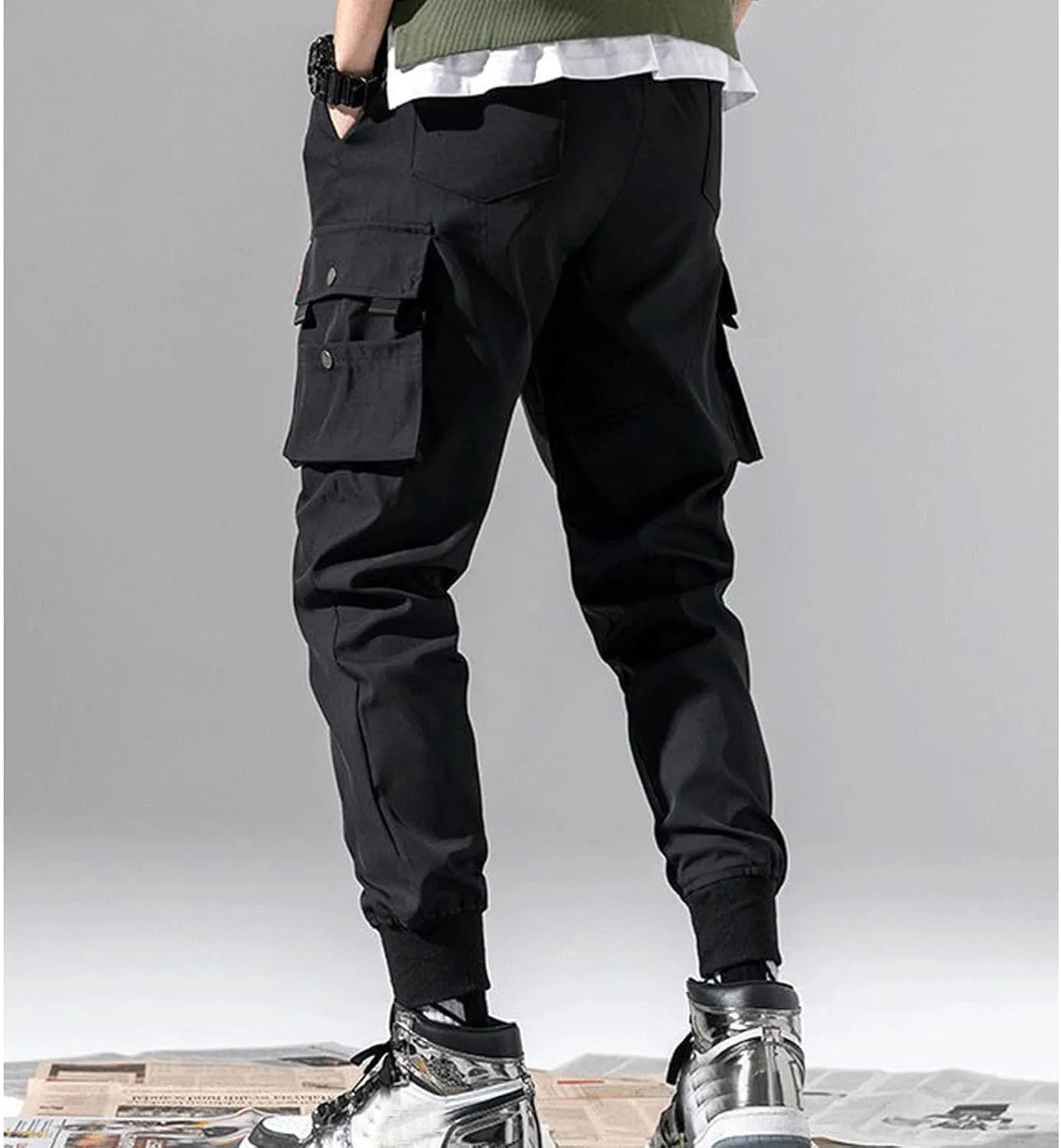 Men's Casual Cargo Pants, Elastic Waist Drawstring Athletic Techwear Joggers Tapered Pants with Flap Pockets