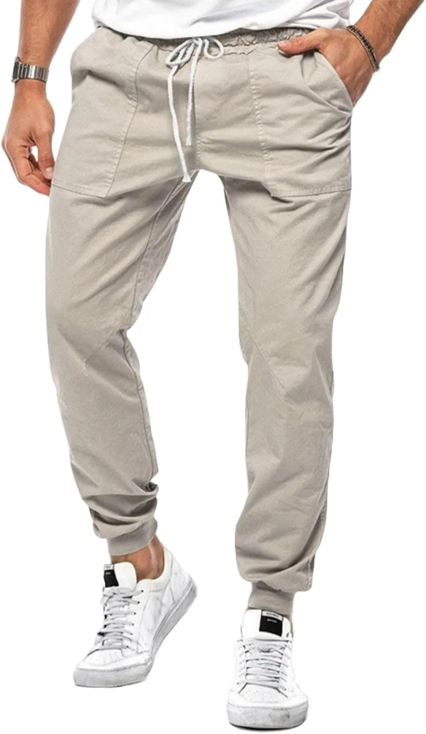 Mens Casual Chino Cargo Pants Loose Drawstring Sweatpants Elastic Waist Cotton Breathable Outdoor Fall Trousers