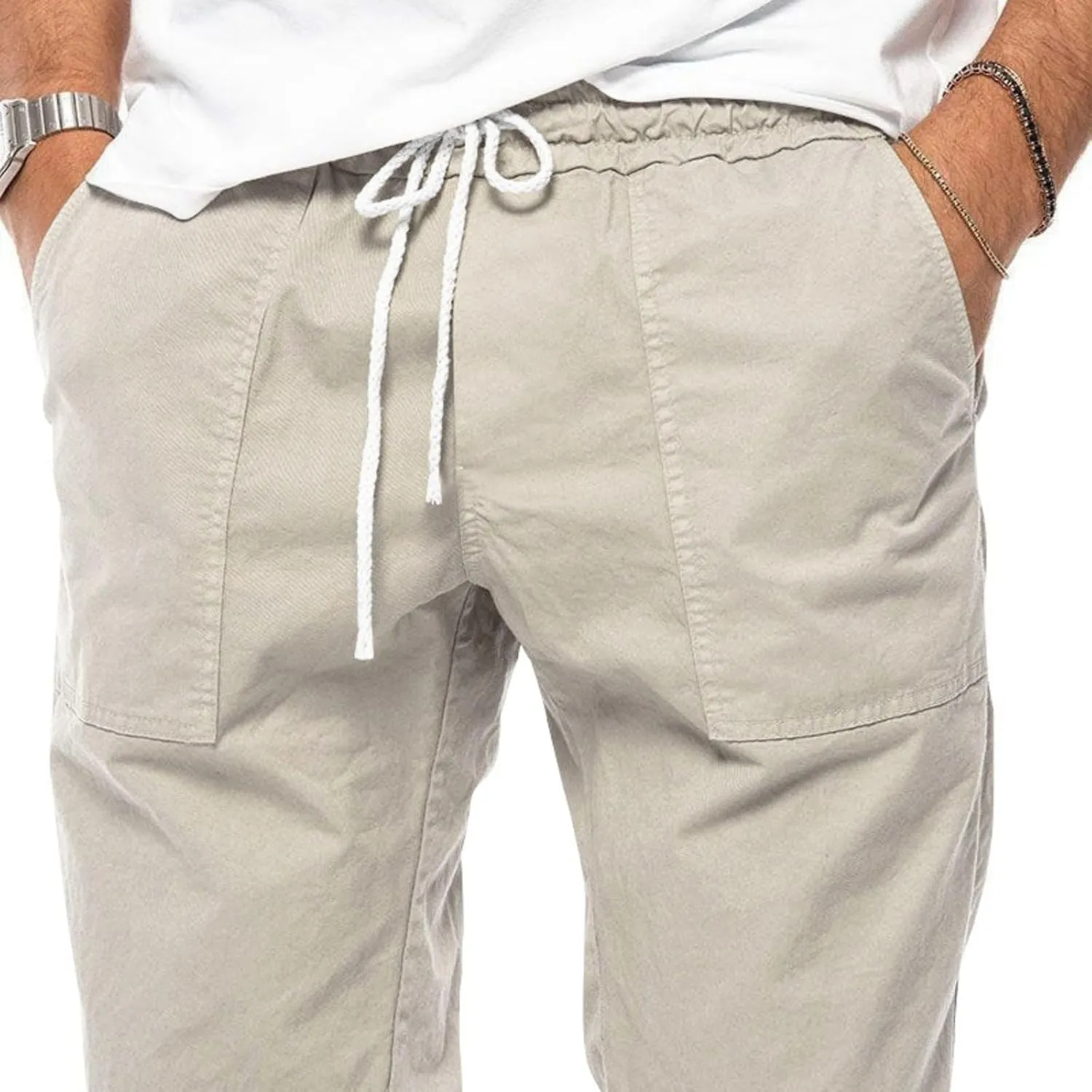 Mens Casual Chino Cargo Pants Loose Drawstring Sweatpants Elastic Waist Cotton Breathable Outdoor Fall Trousers