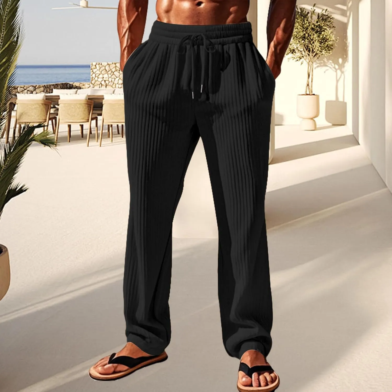 Men's Casual Pants Elastic Waist Drawstring Sweatpants Vertical Stripes Straight-Legs Pants Loose Trouser with Pockets