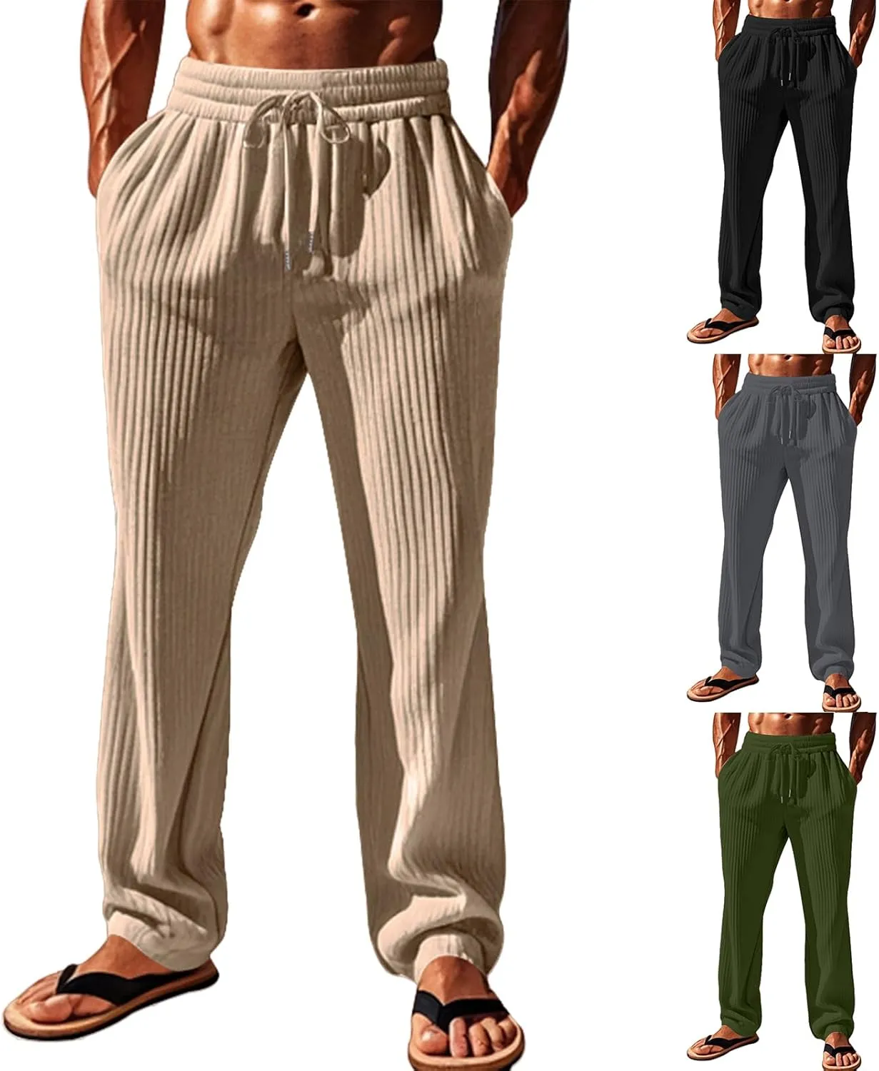 Men's Casual Pants Elastic Waist Drawstring Sweatpants Vertical Stripes Straight-Legs Pants Loose Trouser with Pockets