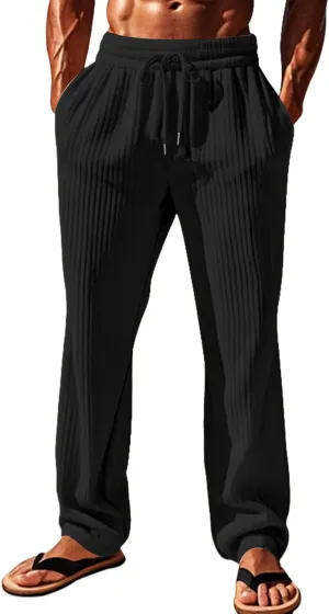 Men's Casual Pants Elastic Waist Drawstring Sweatpants Vertical Stripes Straight-Legs Pants Loose Trouser with Pockets