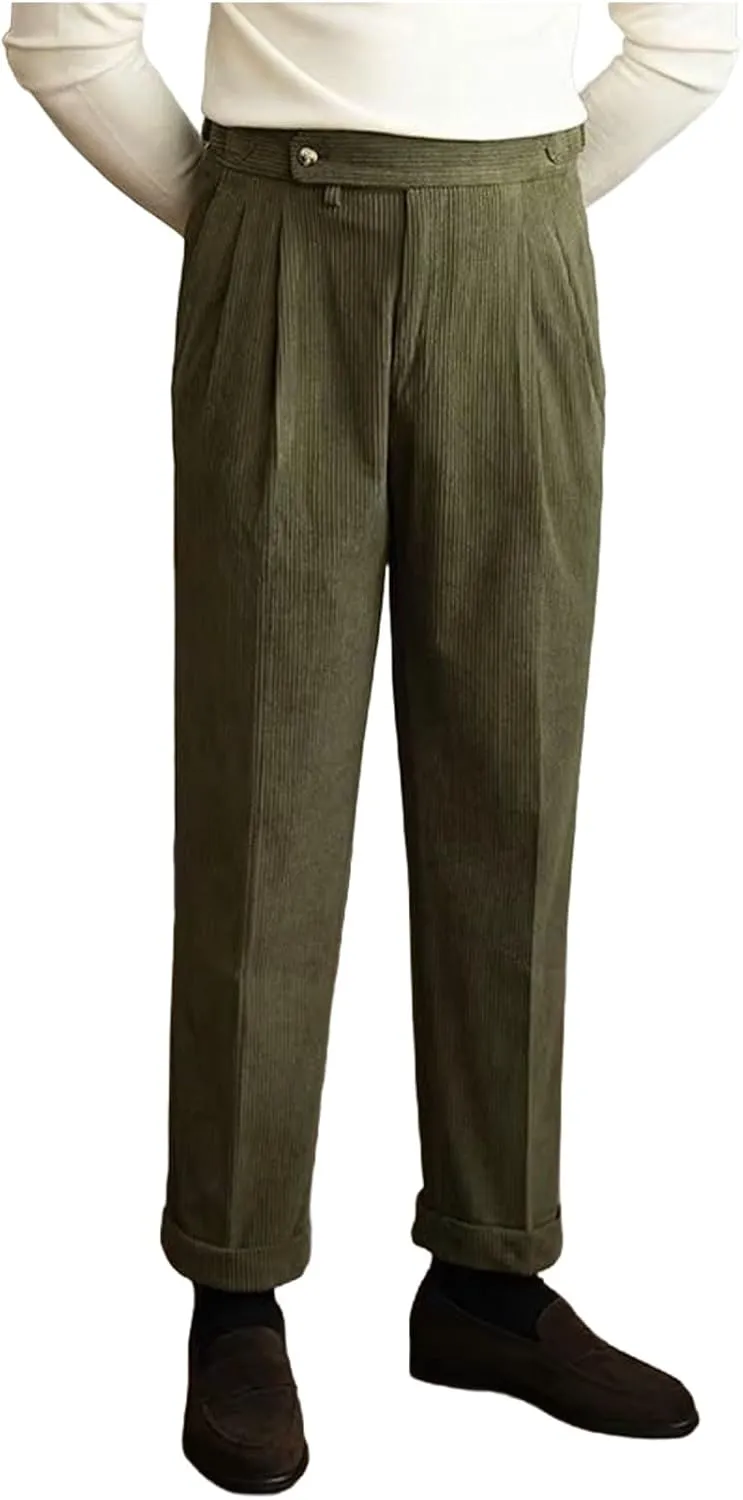 Mens Corduroy Suit Pants Trendy Straight Leg Trousers Fashion Casual Plain Flat Front Business Dress Pants for Spring