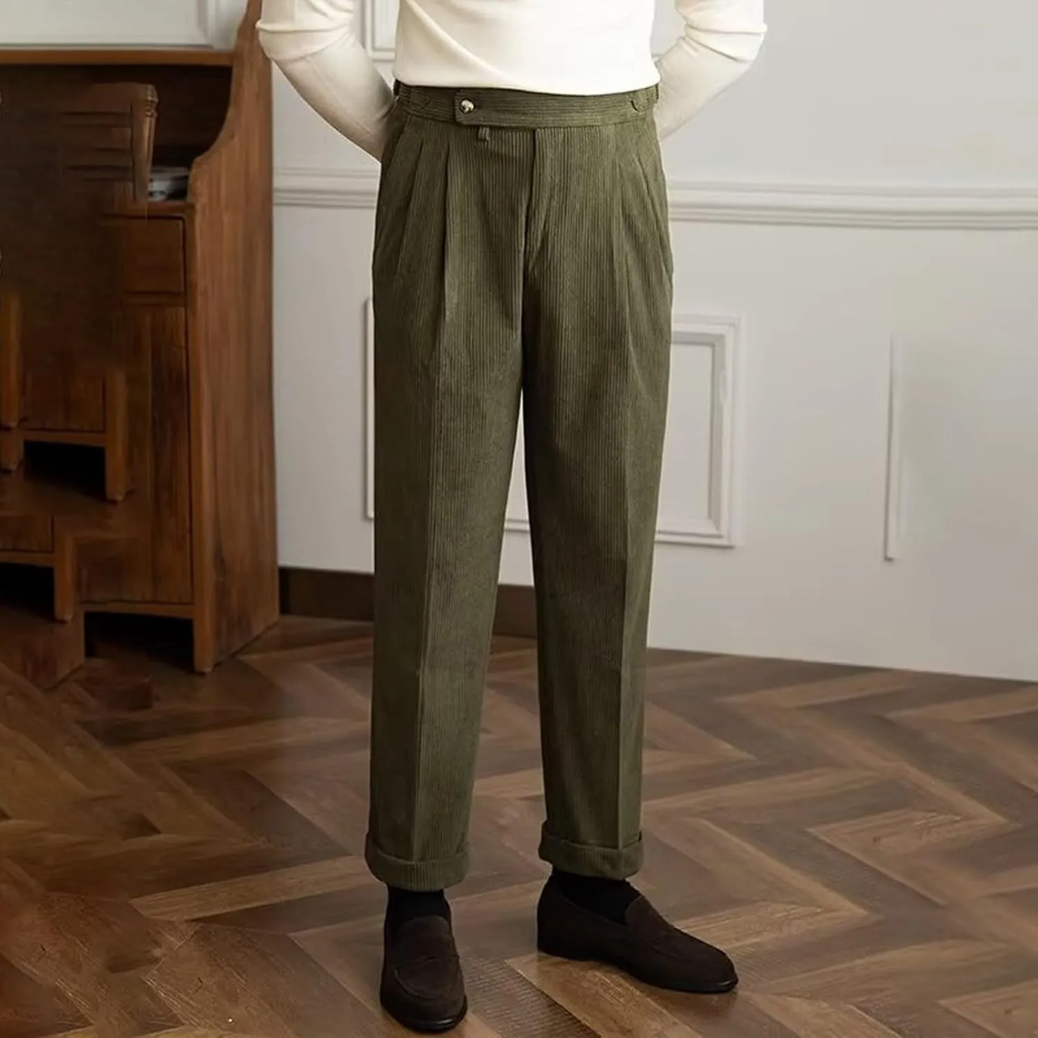 Mens Corduroy Suit Pants Trendy Straight Leg Trousers Fashion Casual Plain Flat Front Business Dress Pants for Spring