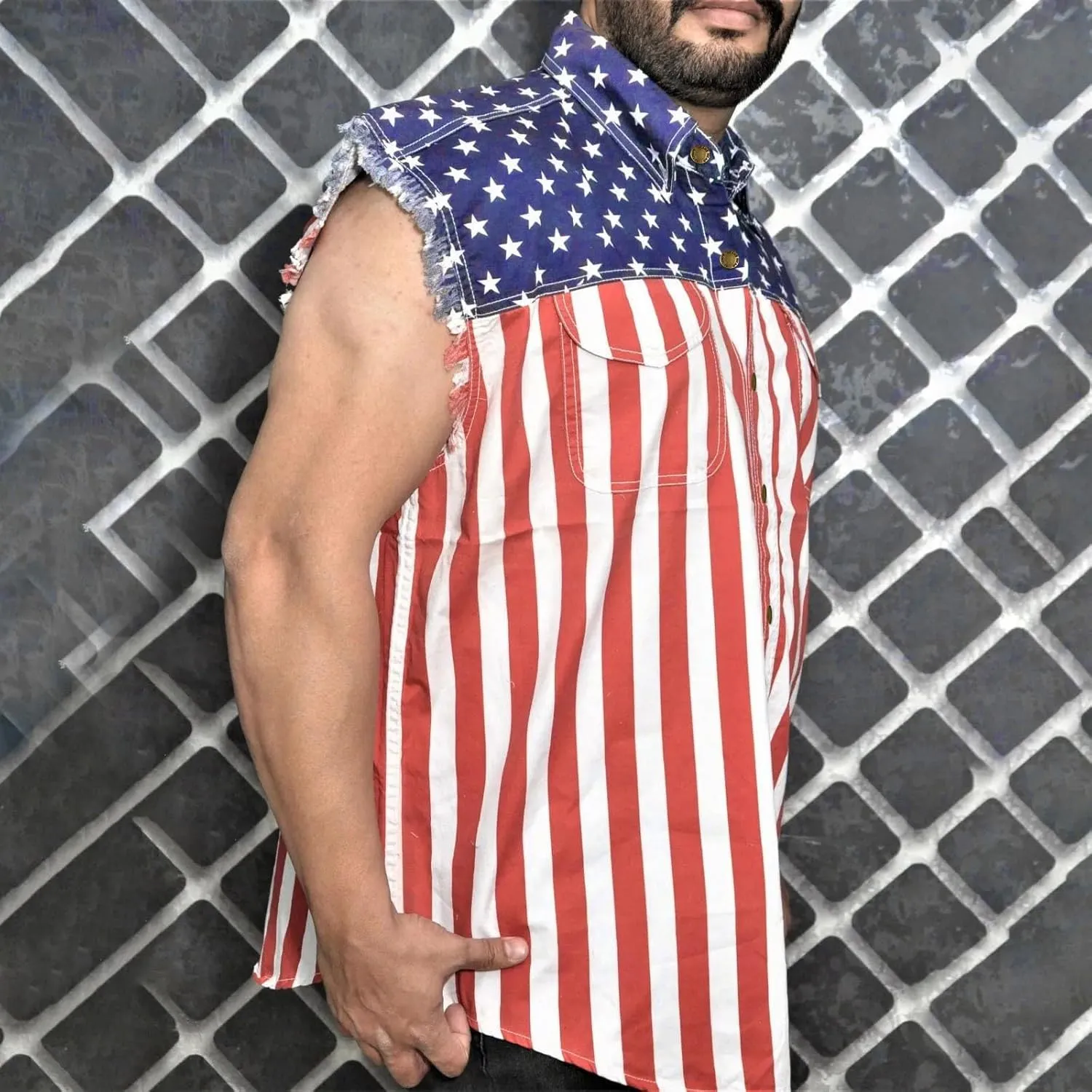 Men's Denim Loose Fit Biker Vest Sleeveless Jacket Summer Retro Lapel American Flag Jean Jacket Shirt