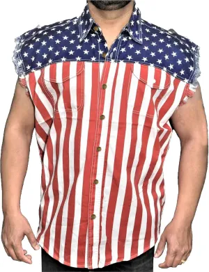 Men's Denim Loose Fit Biker Vest Sleeveless Jacket Summer Retro Lapel American Flag Jean Jacket Shirt