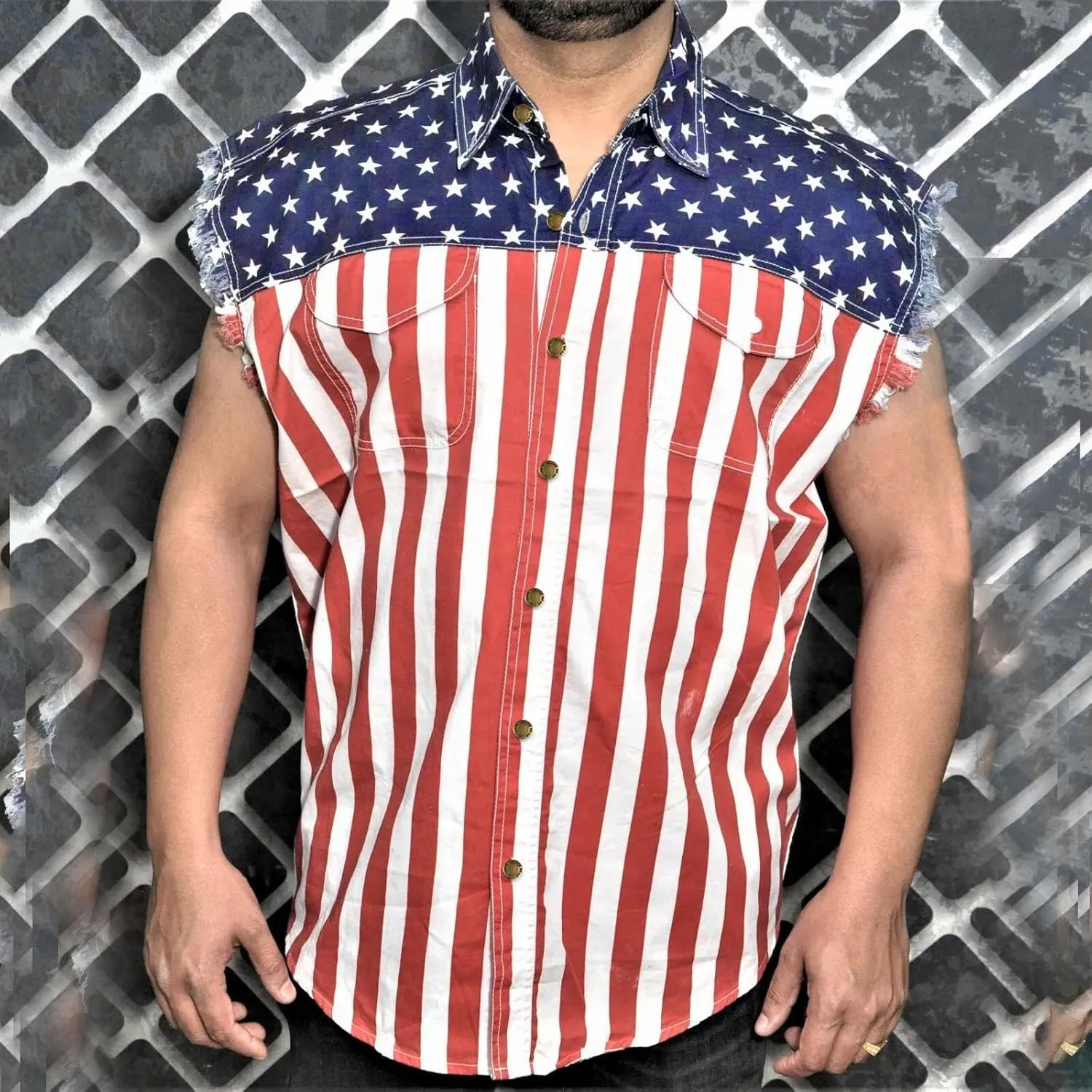Men's Denim Loose Fit Biker Vest Sleeveless Jacket Summer Retro Lapel American Flag Jean Jacket Shirt
