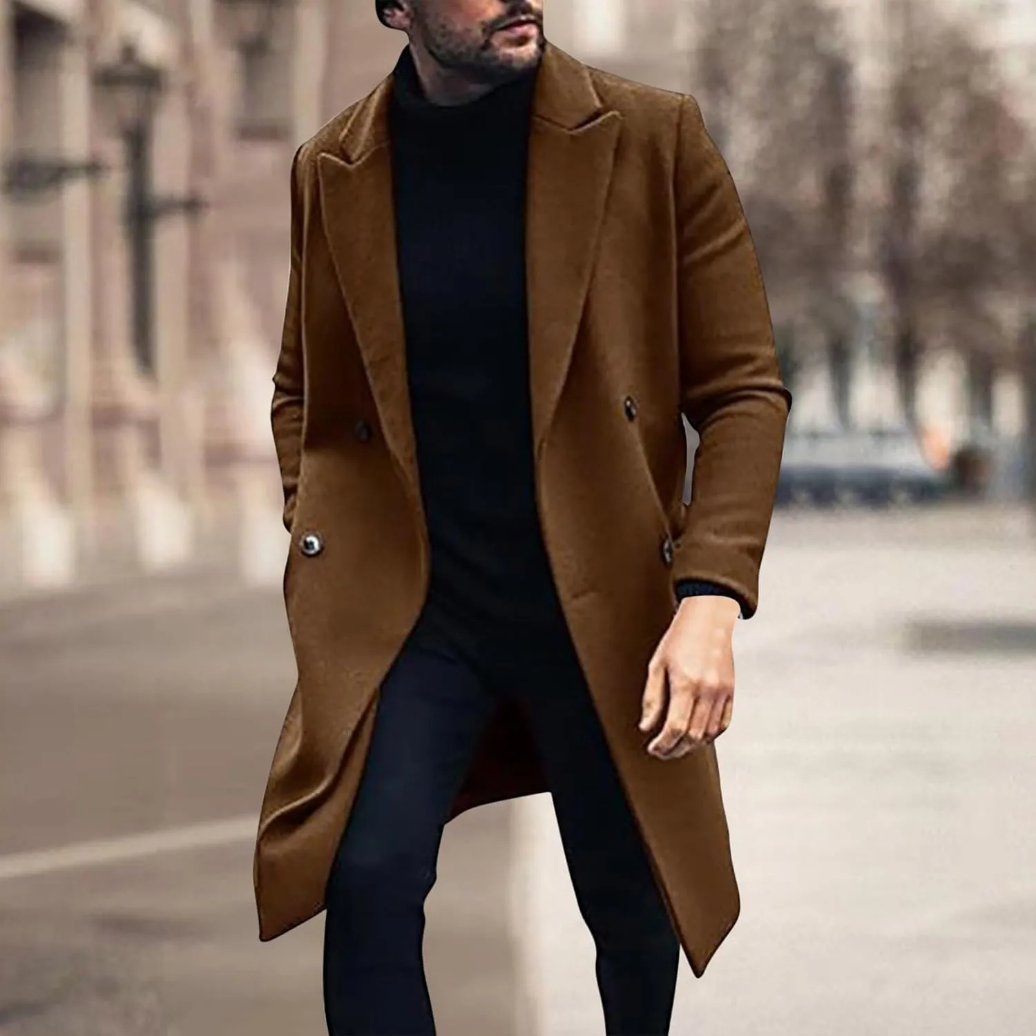 Mens Double Breasted Trench Coat Notched Lapel Long Peacoat Classic Casual Winter Overcoat Warm Cotton-padded Jacket
