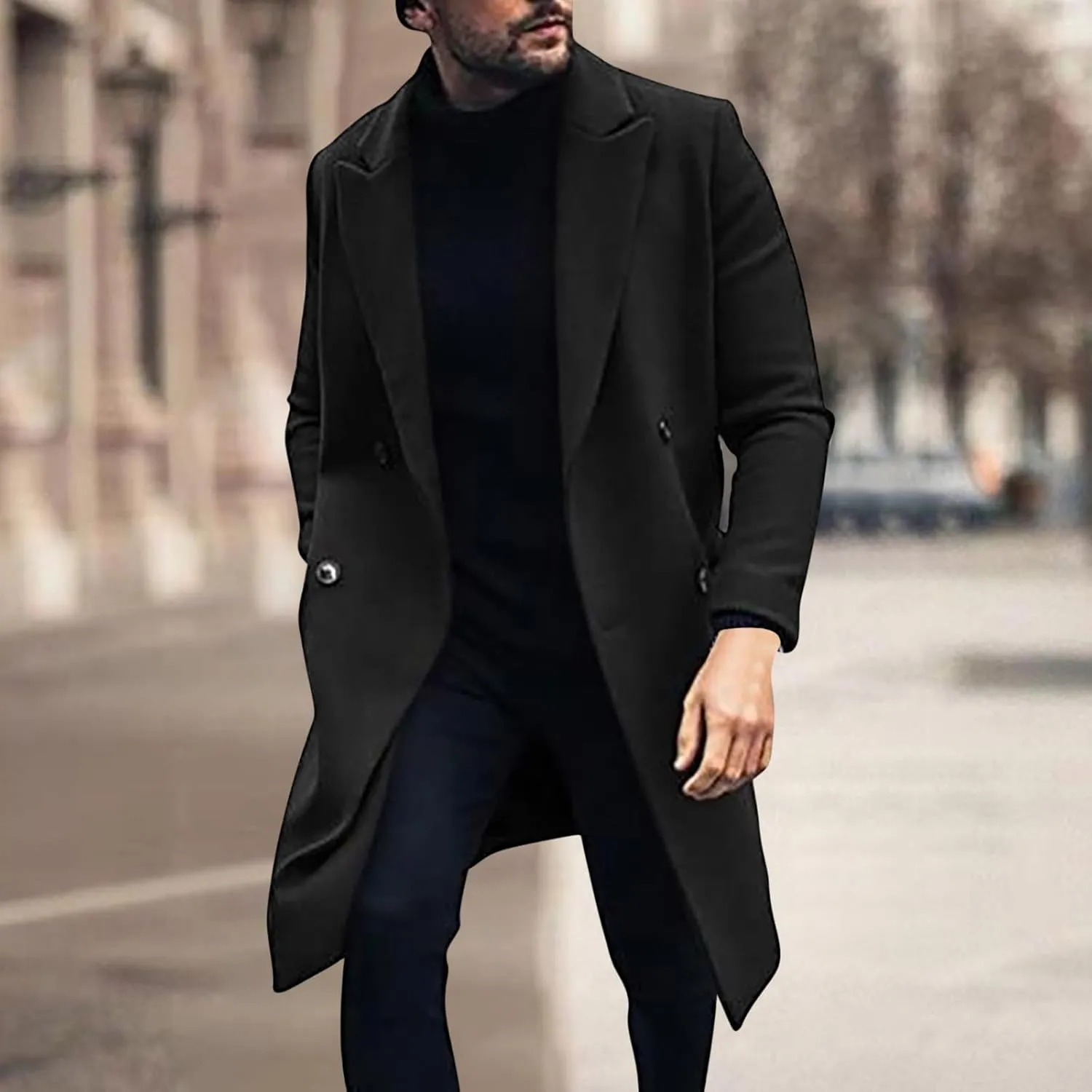 Mens Double Breasted Trench Coat Notched Lapel Long Peacoat Classic Casual Winter Overcoat Warm Cotton-padded Jacket