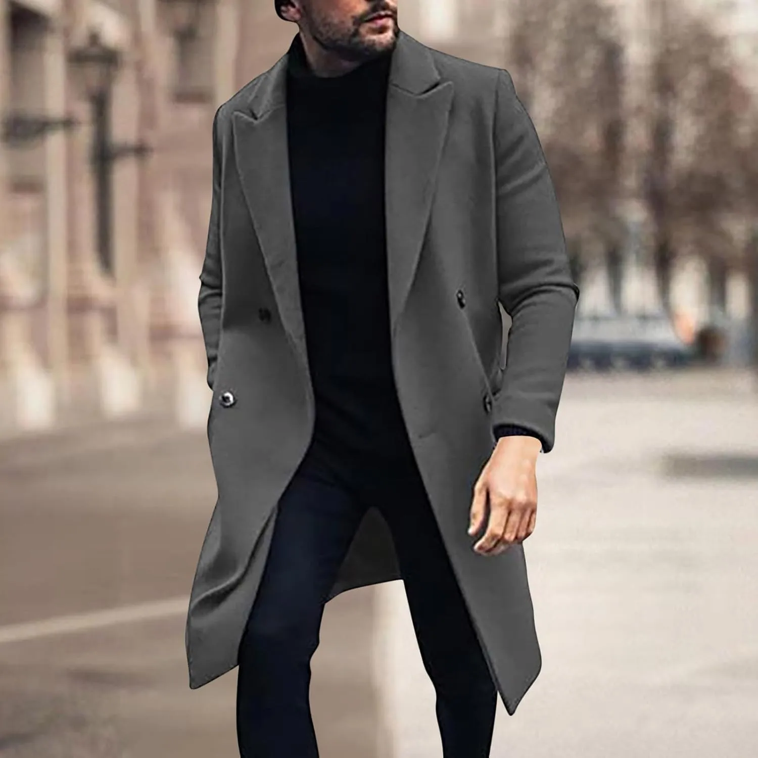 Mens Double Breasted Trench Coat Notched Lapel Long Peacoat Classic Casual Winter Overcoat Warm Cotton-padded Jacket