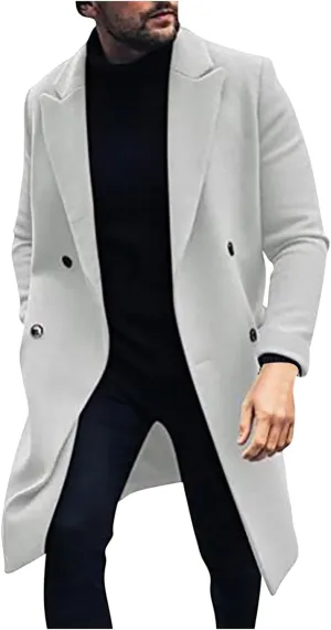 Mens Double Breasted Trench Coat Notched Lapel Long Peacoat Classic Casual Winter Overcoat Warm Cotton-padded Jacket