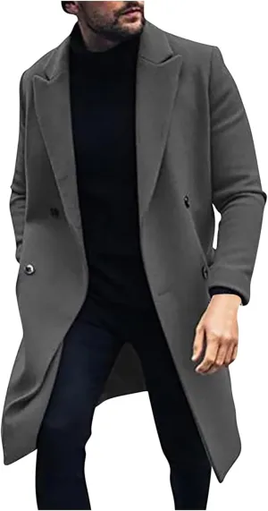 Mens Double Breasted Trench Coat Notched Lapel Long Peacoat Classic Casual Winter Overcoat Warm Cotton-padded Jacket