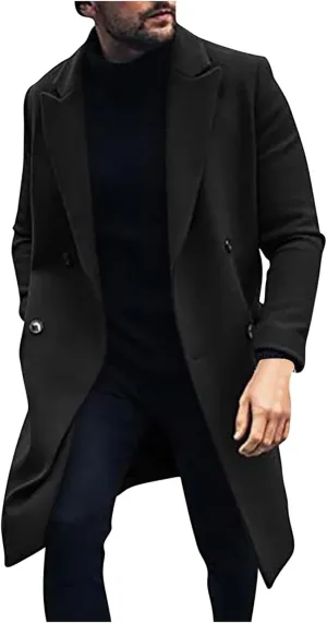 Mens Double Breasted Trench Coat Notched Lapel Long Peacoat Classic Casual Winter Overcoat Warm Cotton-padded Jacket