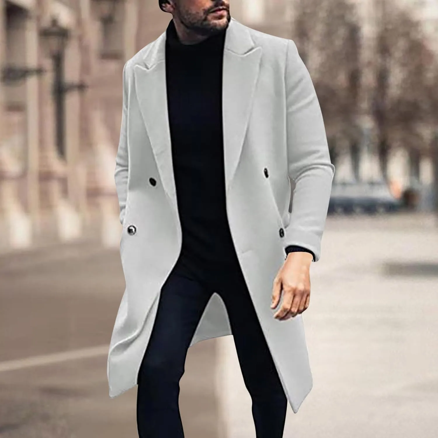 Mens Double Breasted Trench Coat Notched Lapel Long Peacoat Classic Casual Winter Overcoat Warm Cotton-padded Jacket