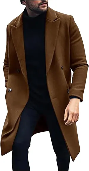 Mens Double Breasted Trench Coat Notched Lapel Long Peacoat Classic Casual Winter Overcoat Warm Cotton-padded Jacket