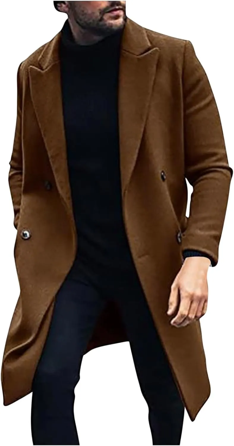 Mens Double Breasted Trench Coat Notched Lapel Long Peacoat Classic Casual Winter Overcoat Warm Cotton-padded Jacket
