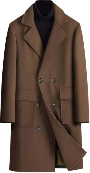 Men's Fall Winter Office Double Breasted Long Dress Wool Coat Overcoat Warm Woolen Casual Lapel Collar Trench Coats