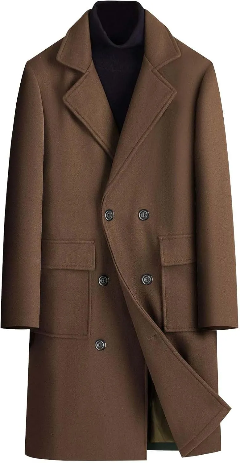 Men's Fall Winter Office Double Breasted Long Dress Wool Coat Overcoat Warm Woolen Casual Lapel Collar Trench Coats