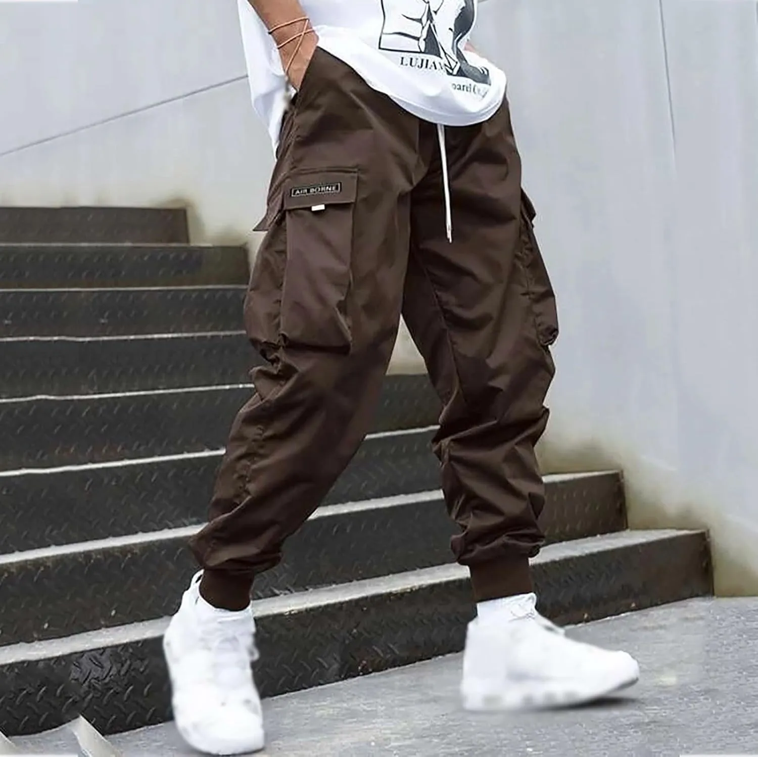 Men's Fashion Joggers Cargo Pants Drawstring Waist Work Sports Pants Baggers Hiking Trousers with Pockets