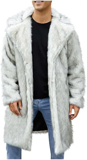 Men's Faux Fur Coat Long Open Front Cardigan Winter Fuzzy Fleece Jacket Warm Overcoat Turn Down Collar Coat