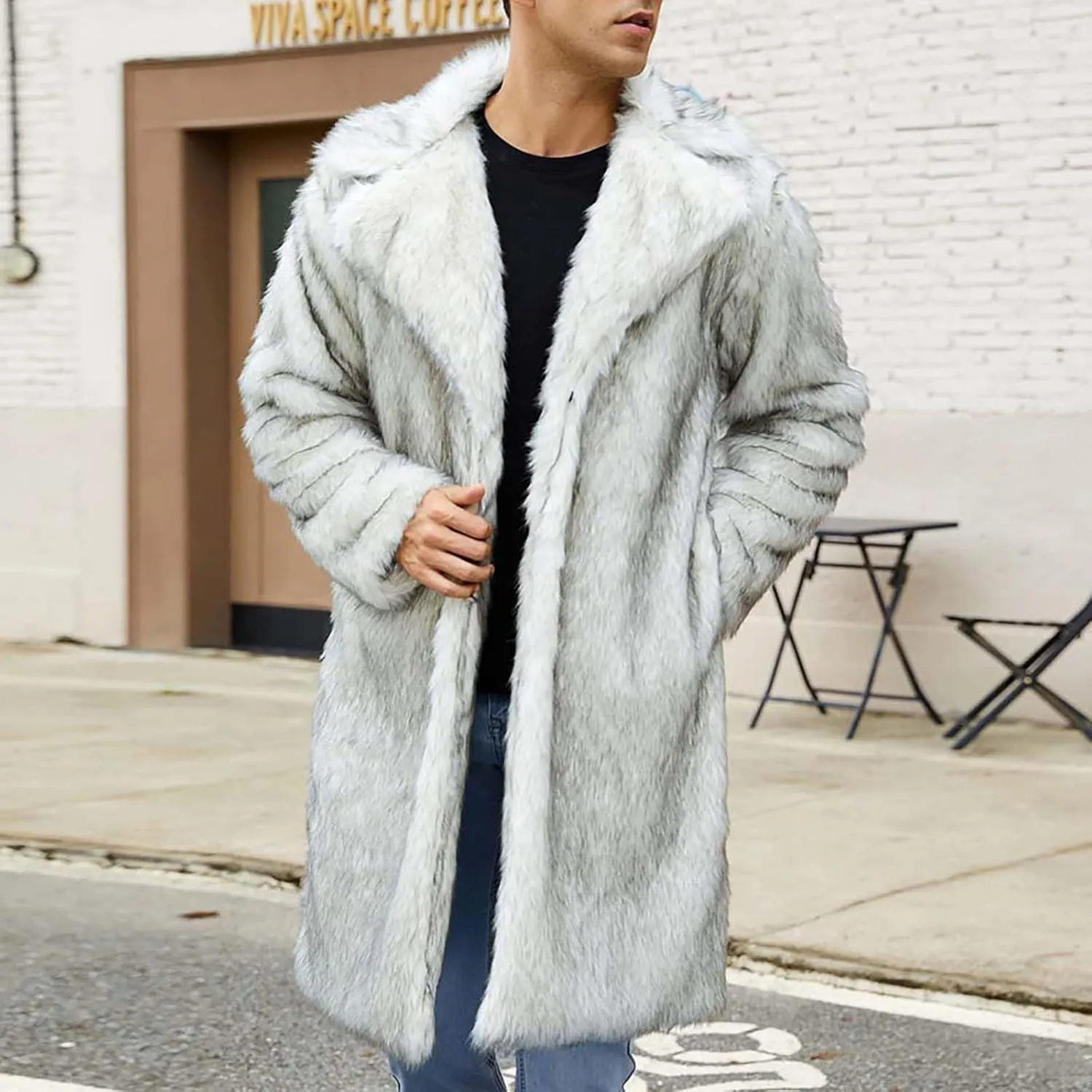 Men's Faux Fur Coat Long Open Front Cardigan Winter Fuzzy Fleece Jacket Warm Overcoat Turn Down Collar Coat