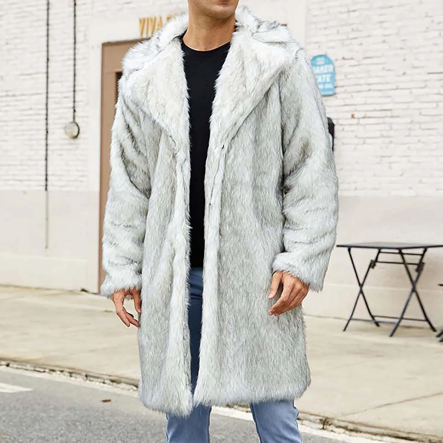 Men's Faux Fur Coat Long Open Front Cardigan Winter Fuzzy Fleece Jacket Warm Overcoat Turn Down Collar Coat