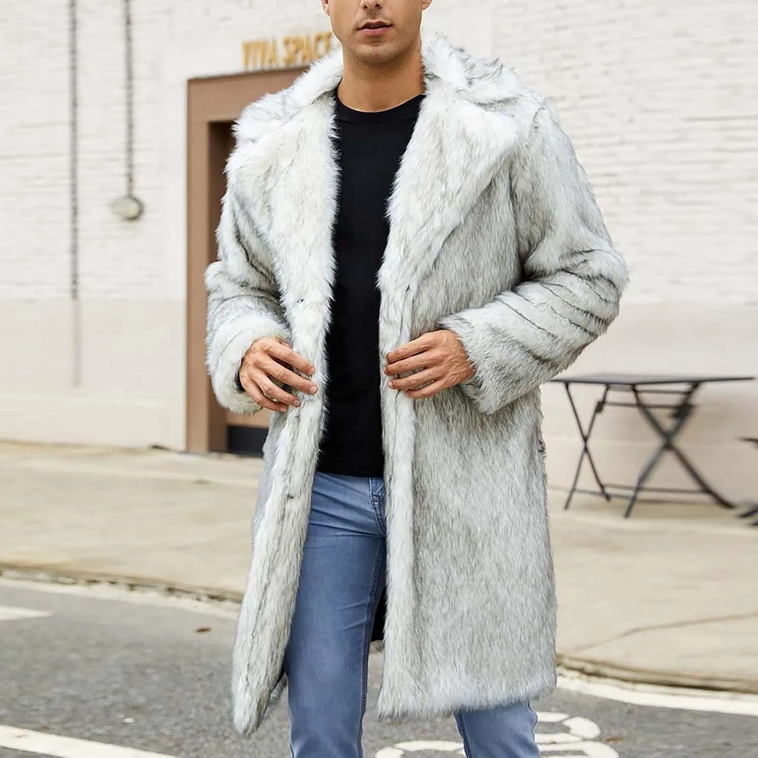 Men's Faux Fur Coat Long Open Front Cardigan Winter Fuzzy Fleece Jacket Warm Overcoat Turn Down Collar Coat
