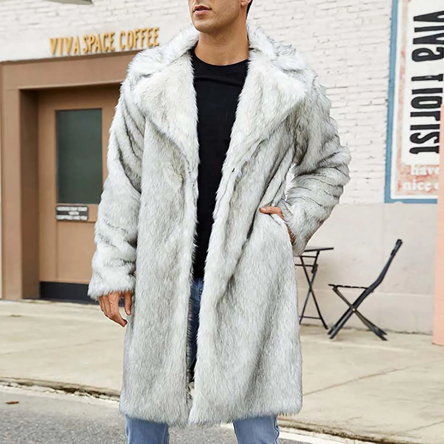 Men's Faux Fur Coat Long Open Front Cardigan Winter Fuzzy Fleece Jacket Warm Overcoat Turn Down Collar Coat