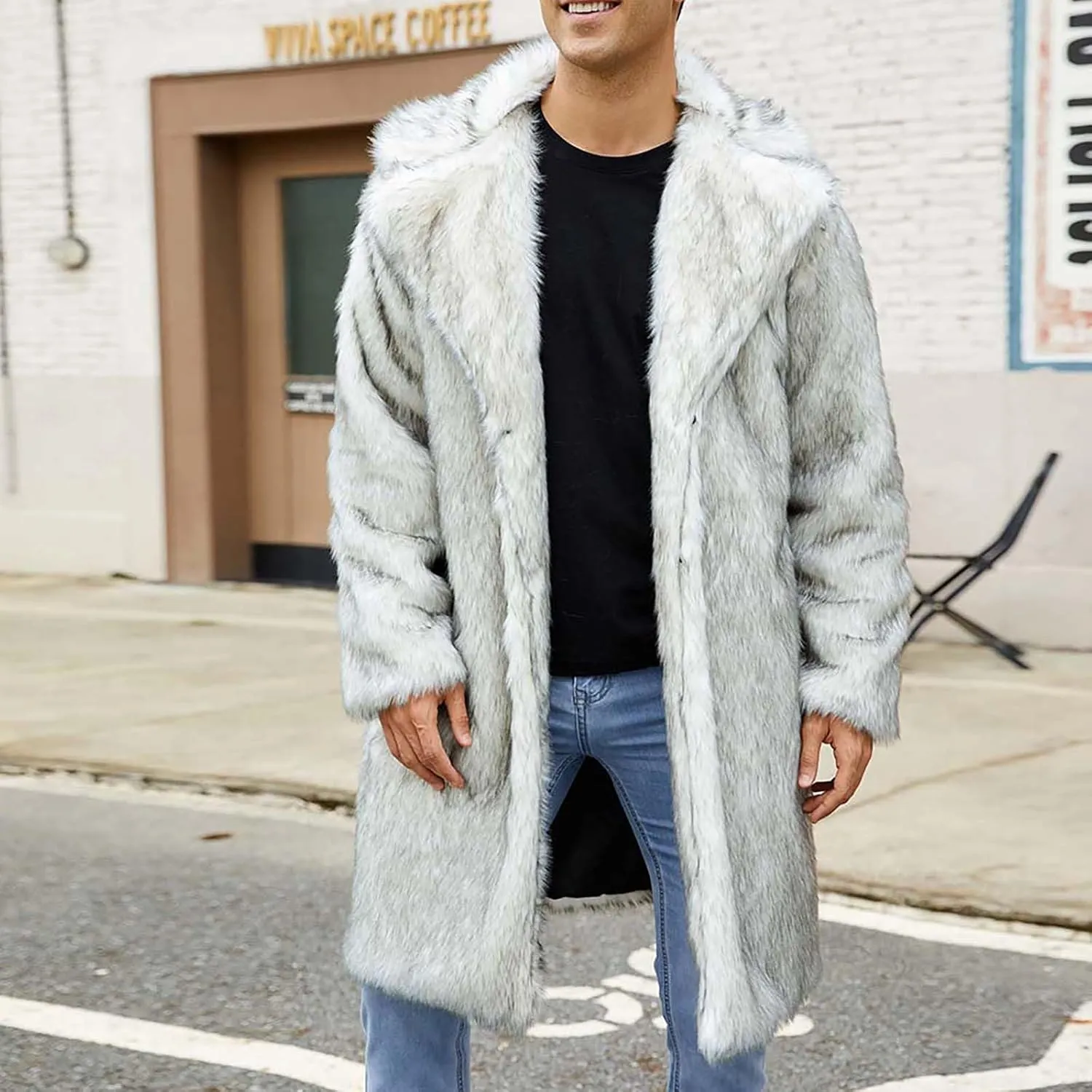 Men's Faux Fur Coat Long Open Front Cardigan Winter Fuzzy Fleece Jacket Warm Overcoat Turn Down Collar Coat