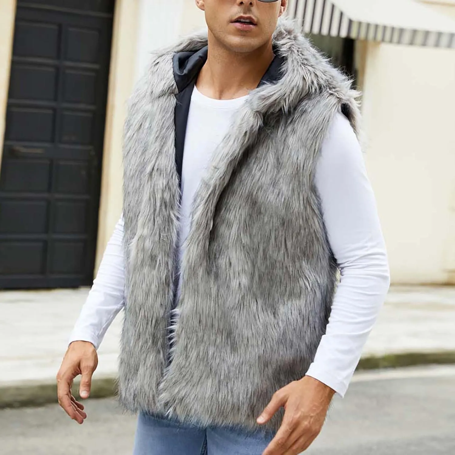 Mens Faux Fur Vest Open Front Sleeveless Hooded Cardigan Fluffy Plush Winter Fashion Faux Fur Hoodie Jackets