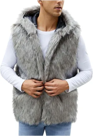 Mens Faux Fur Vest Open Front Sleeveless Hooded Cardigan Fluffy Plush Winter Fashion Faux Fur Hoodie Jackets