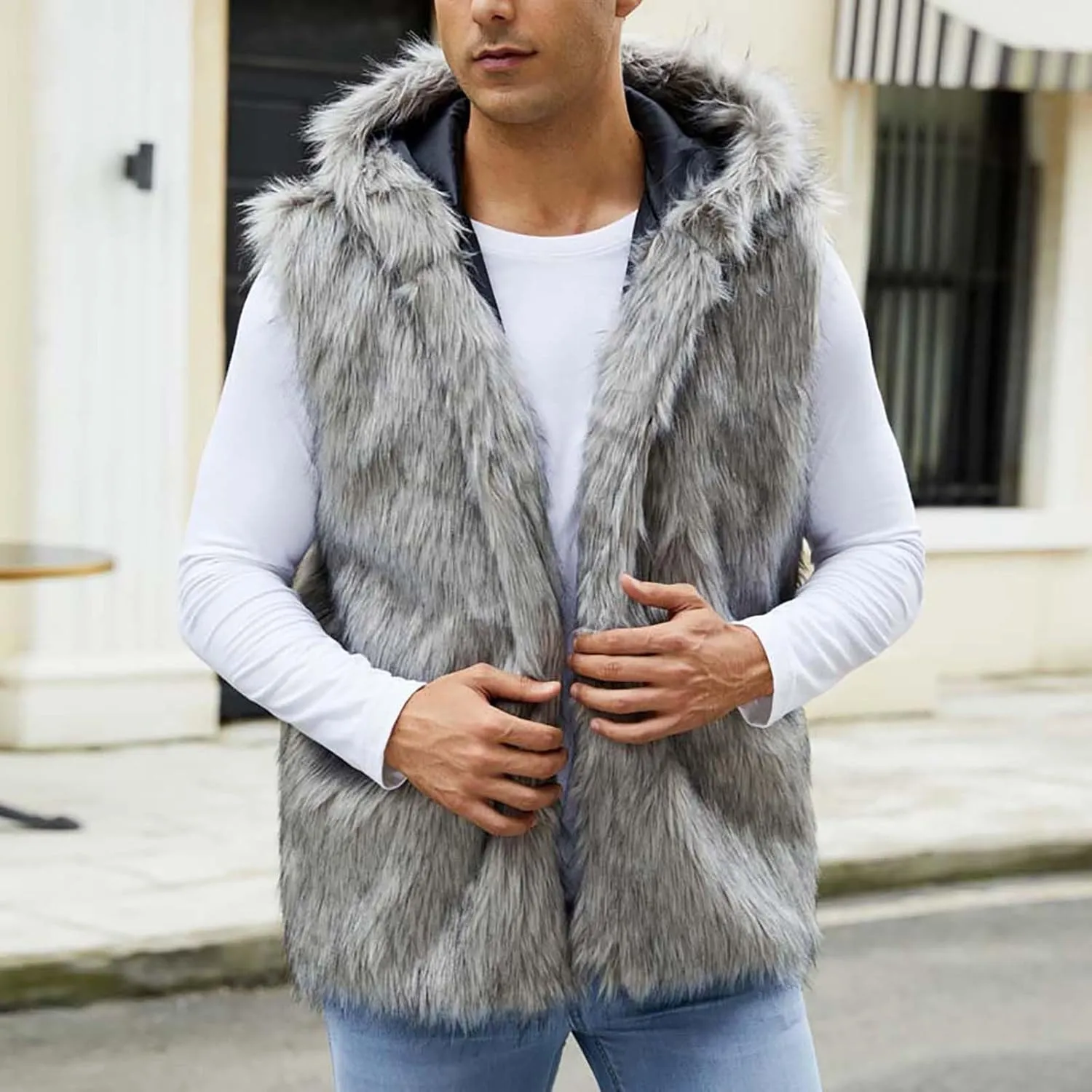Mens Faux Fur Vest Open Front Sleeveless Hooded Cardigan Fluffy Plush Winter Fashion Faux Fur Hoodie Jackets