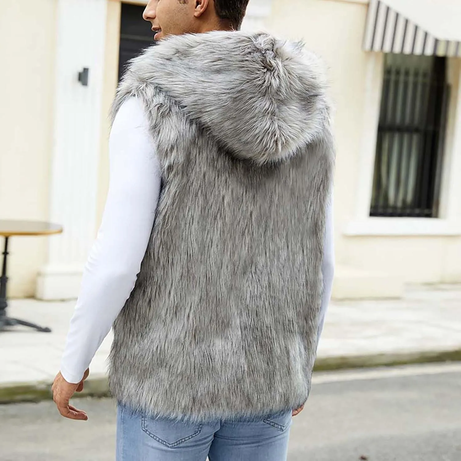 Mens Faux Fur Vest Open Front Sleeveless Hooded Cardigan Fluffy Plush Winter Fashion Faux Fur Hoodie Jackets