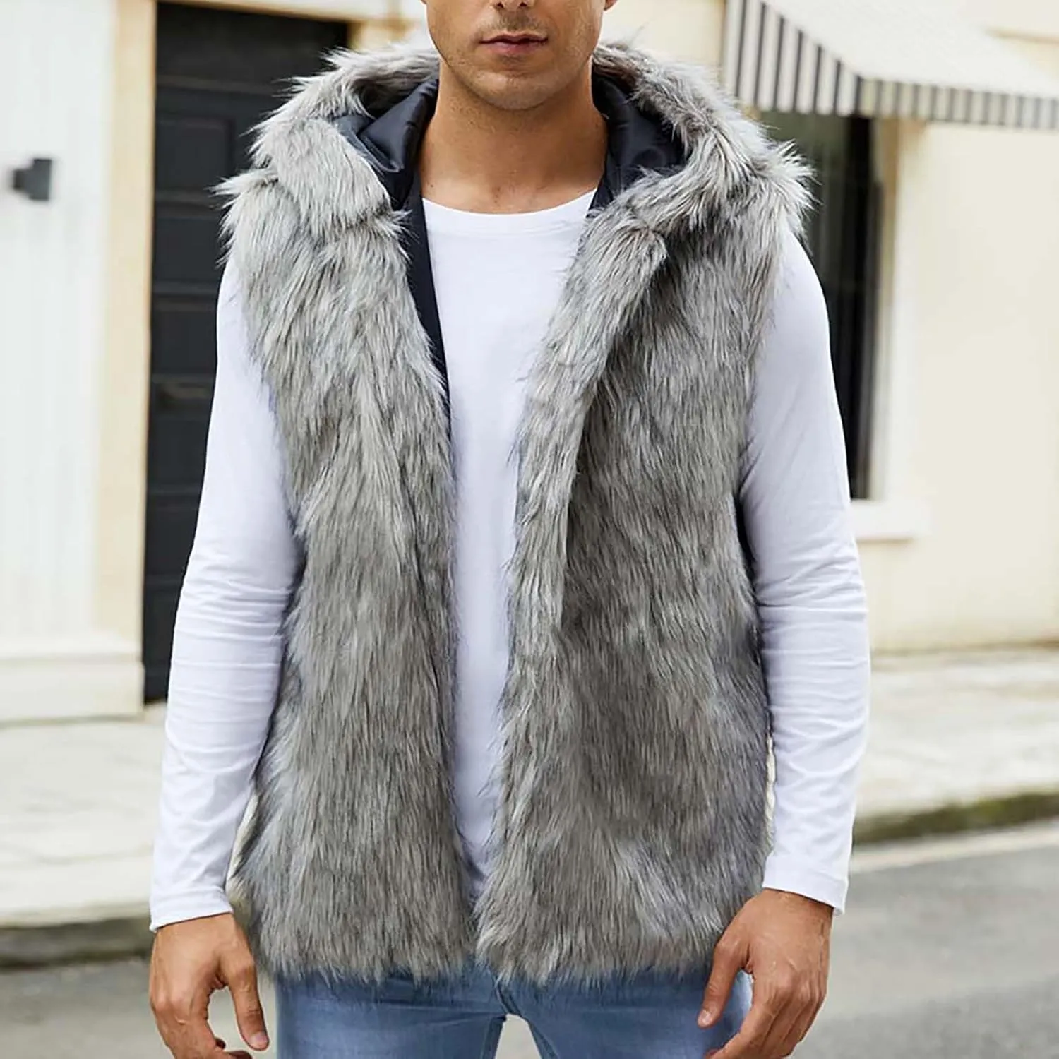 Mens Faux Fur Vest Open Front Sleeveless Hooded Cardigan Fluffy Plush Winter Fashion Faux Fur Hoodie Jackets