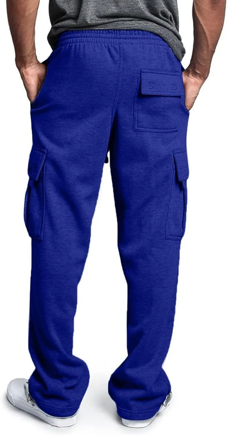 Men's Fleece Cargo Sweatpants Drawstring Loose Fit Sweatpants Active Athletic Workout Jogger Pant for Men with Pockets