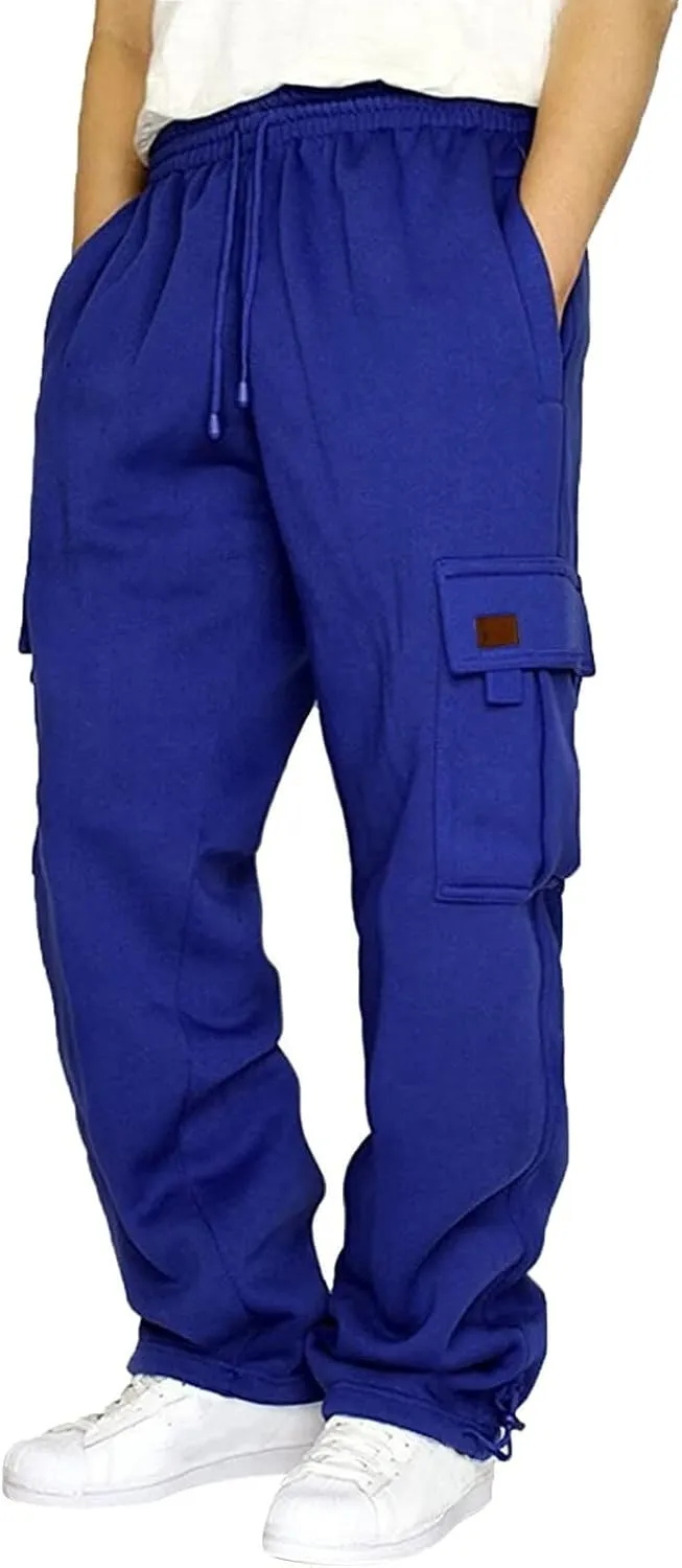 Men's Fleece Cargo Sweatpants Drawstring Loose Fit Sweatpants Active Athletic Workout Jogger Pant for Men with Pockets