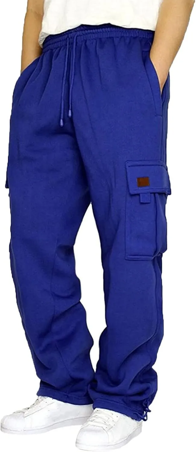 Men's Fleece Cargo Sweatpants Drawstring Loose Fit Sweatpants Active Athletic Workout Jogger Pant for Men with Pockets