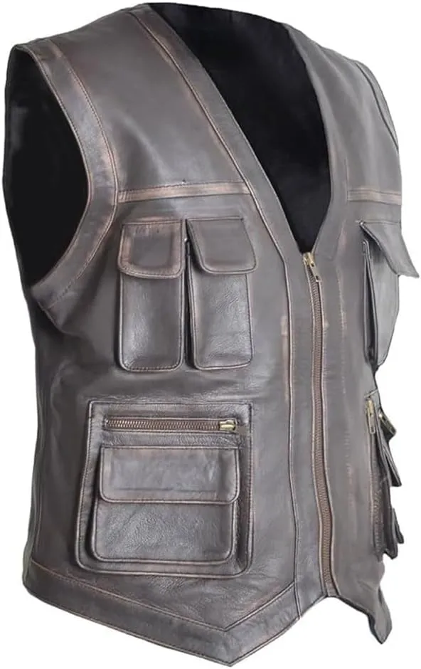 Men's J World's Chris Pratt Owen Grady Brown Vest JW Adventure Chris Pratt Motorcycle Leather Biker Vest
