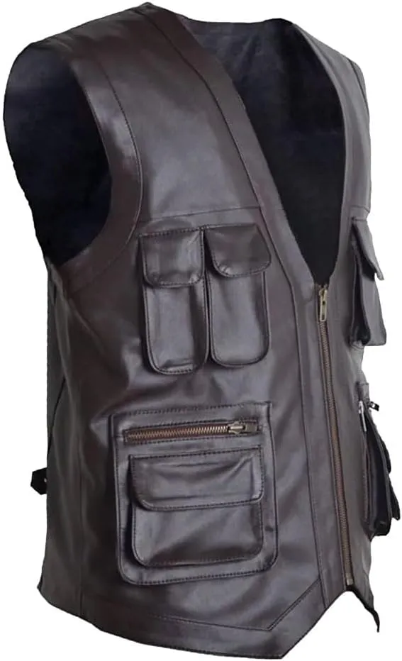 Men's J World's Chris Pratt Owen Grady Brown Vest JW Adventure Chris Pratt Motorcycle Leather Biker Vest