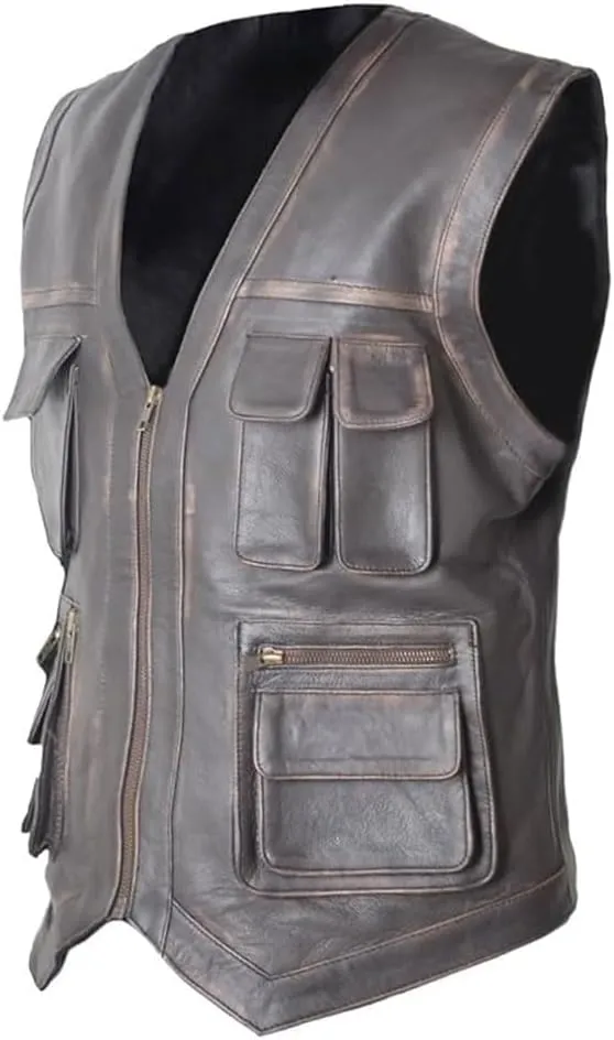 Men's J World's Chris Pratt Owen Grady Brown Vest JW Adventure Chris Pratt Motorcycle Leather Biker Vest