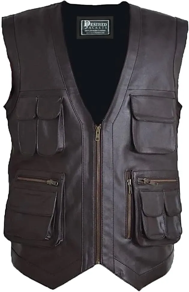 Men's J World's Chris Pratt Owen Grady Brown Vest JW Adventure Chris Pratt Motorcycle Leather Biker Vest