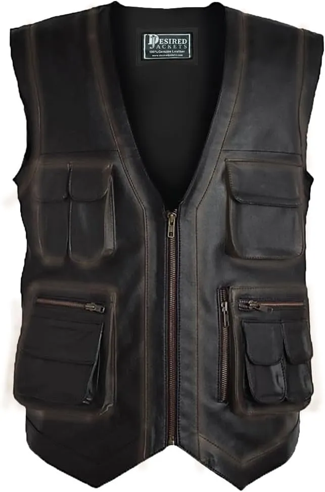 Men's J World's Chris Pratt Owen Grady Brown Vest JW Adventure Chris Pratt Motorcycle Leather Biker Vest