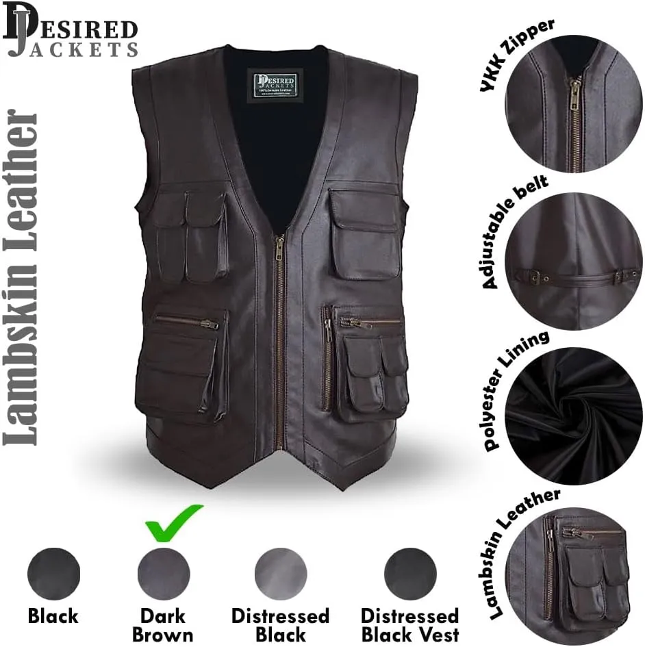 Men's J World's Chris Pratt Owen Grady Brown Vest JW Adventure Chris Pratt Motorcycle Leather Biker Vest