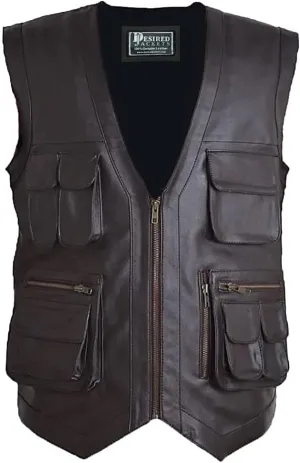 Men's J World's Chris Pratt Owen Grady Brown Vest JW Adventure Chris Pratt Motorcycle Leather Biker Vest